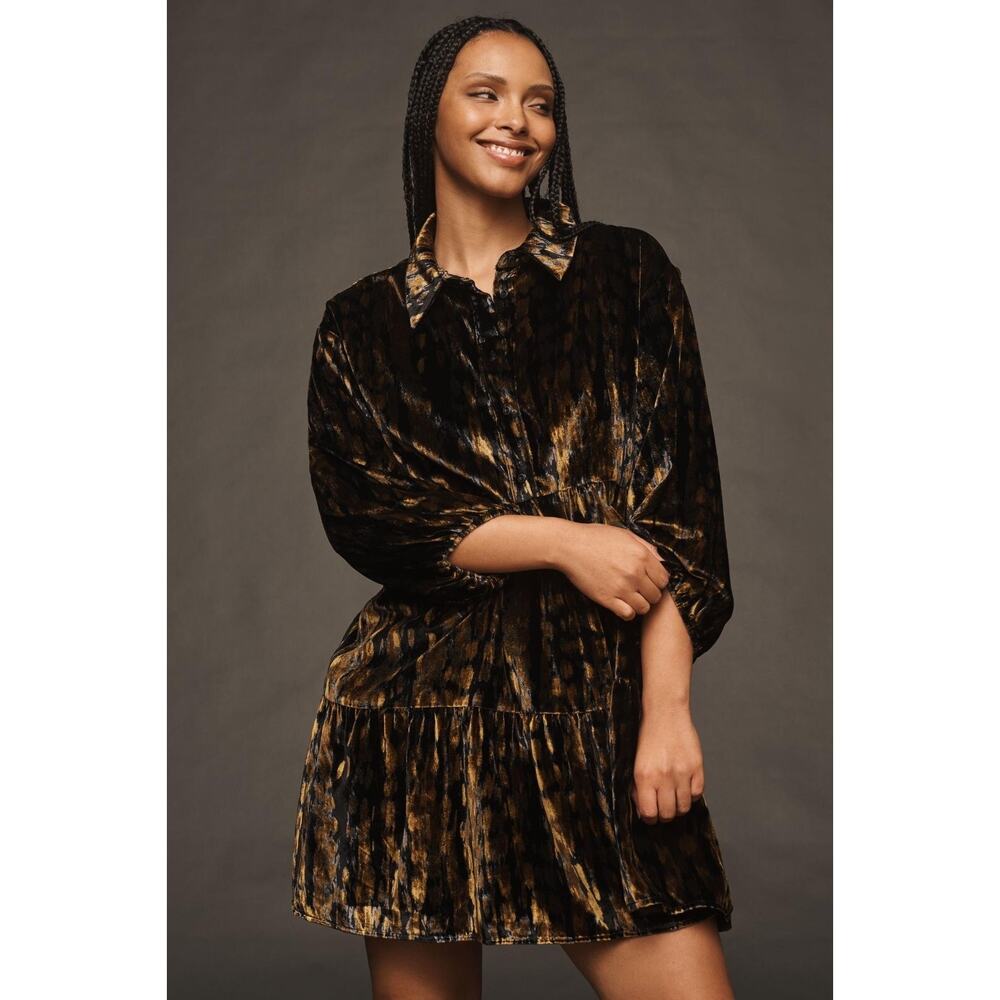 Anthropologie Maeve Bettina Velvet Peasant Sleeve Tier Mini Shirt Dress Size XL